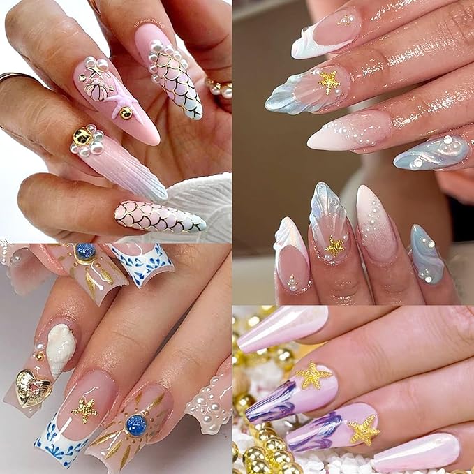 12Grids Summer Metal Nail Art Charms 3D Gold Starfish Shell Conch Nail Charms Sparkly Golden Rhinestone Seahorse Nail Art Jewelry White Pearls Nail Jewelry Ocean Theme Designs Nails Supplies for Women