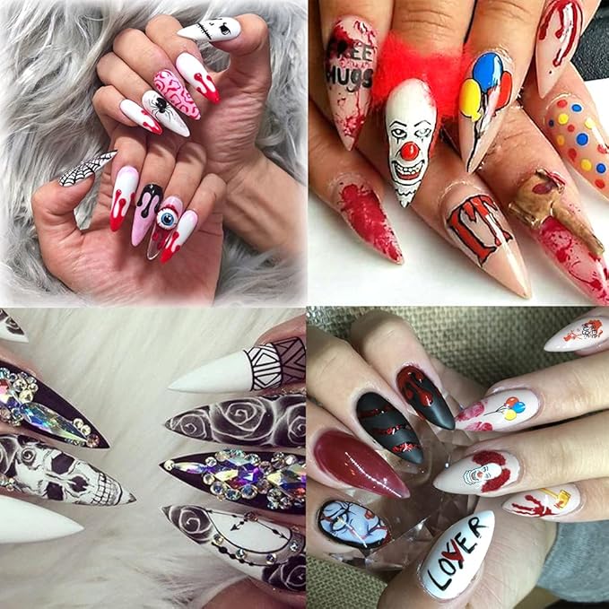24 Sheets Halloween Nail Stickers Day of The Dead Water Transfer Nail Decals Skull Ghost Eye Hulk Clown Witch DIY Nail Art Stickers Halloween Party Supply Fingernails Toenails Decoration