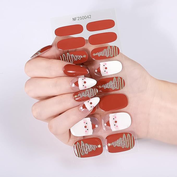 Christmas Semi Cured Gel Nail Strips, 16 Pcs Winter Xmas Gel Nail Stickers Christmas Tree Santa Claus Designs Red Wraps for UV/Led Manicure Lamp Nails Art Decorations