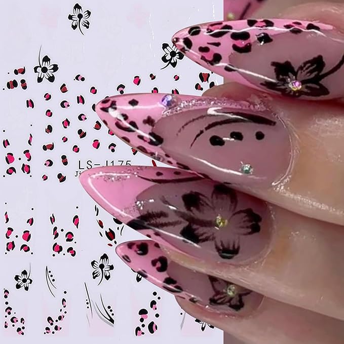 4Sheets Leopard Print French Tip Nail Art Stickers 3D Hibiscus Flower Nail Decals Self-Adhesive Leopard Print Nail Stickers with Glitter Design Lips Heart Sticker for Women Nails Decor
