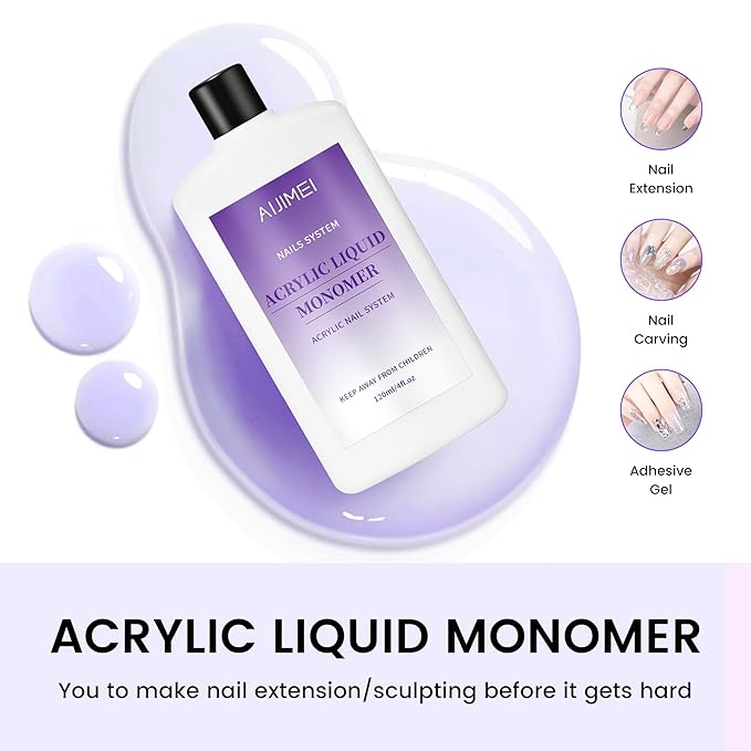 AIJIMEI Acrylic Liquid Monomer for Nail System, 120ml/4fl.oz with Acrylic Nail Brush for Acrylic Powder Application Acrylic Nail Monomer Liquid for Acrylic Nails (Acrylic Liquid 120ml/4fl.oz)