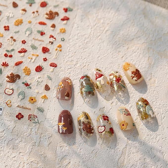 Fall Nail Art Stickers 5D Embossed Mushroom Squirrel Nail Decals 1PCS Autumn Leaves Strawberry Pinecone Autumn Nails Design Engraved Fall Stickers for Thanksgiving Day DIY Manicure Nail Art Decoration