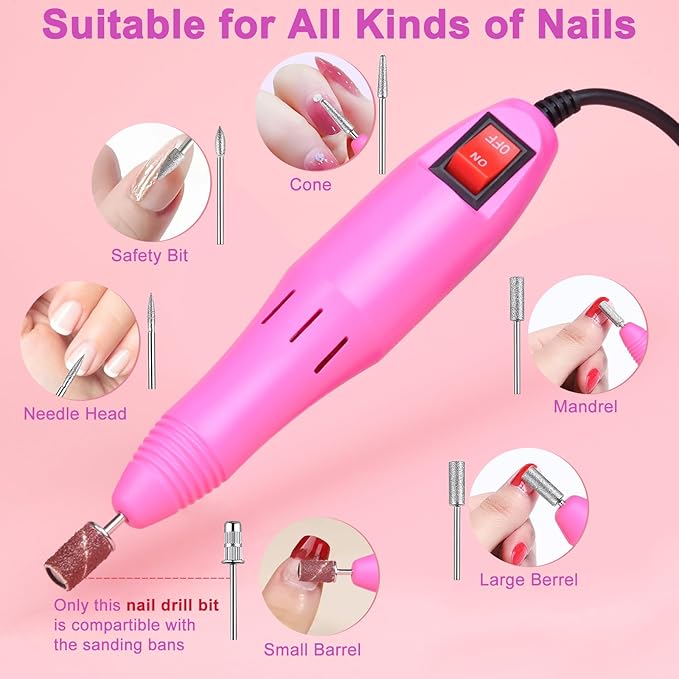 Cadrim 20000RPM Electric Nail Drill Machine Professional Electric Nail File Manicure Pedicure Nail Drill Kit with 156pcs Sanding Bands Remover Polisher Gel Acrylic Nails for Salon Home, Pink