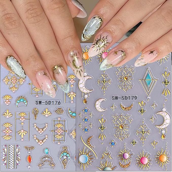 2 Sheets Embossed Sun Star Nail Stickers Bohemian Style Gold Nail Decals Sun Moon Nails Art Stickers Bohemia Luxury Gem Metallic Nail Design Stars Sticker for Manicure Decoration Supplies Tips