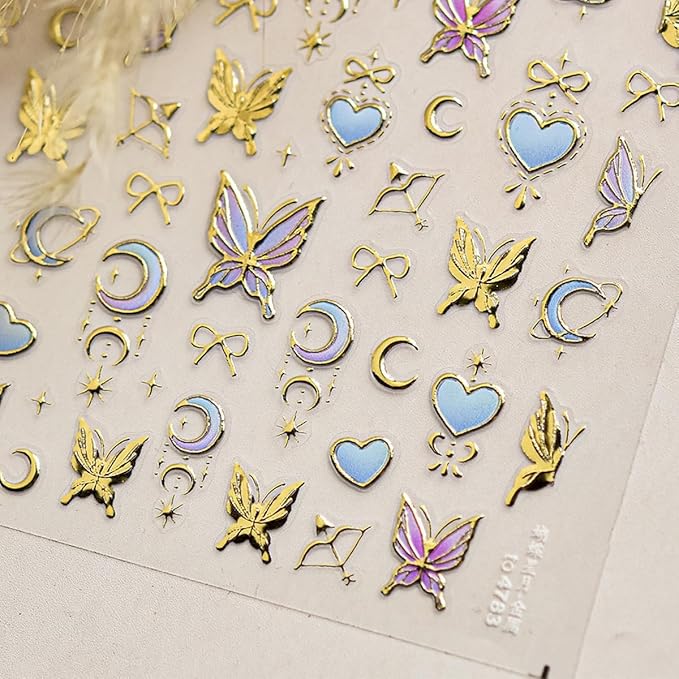 Butterfly Nail Art Stickers Decals 3D Gold Bronzing Nail Stickers Laser Star Moon Luxury Nail Design Self-Adhesive Nail Decals Manicure Sliders for Women Girls DIY Nail Art Decorations Supplies