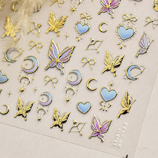 Butterfly Nail Art Stickers Decals 3D Gold Bronzing Nail Stickers Laser Star Moon Luxury Nail Design Self-Adhesive Nail Decals Manicure Sliders for Women Girls DIY Nail Art Decorations Supplies