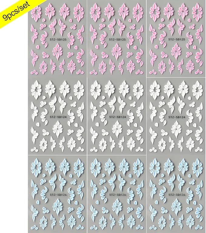 Flower Nail Stickers,9 Sheets 5D Embossed Floral Self-Adhesive Nail Decals,Pink White Blue Elegant Lace Flowers Petals Nail Art Design for Spring Summer Manicure Decor DIY Nail Supplies
