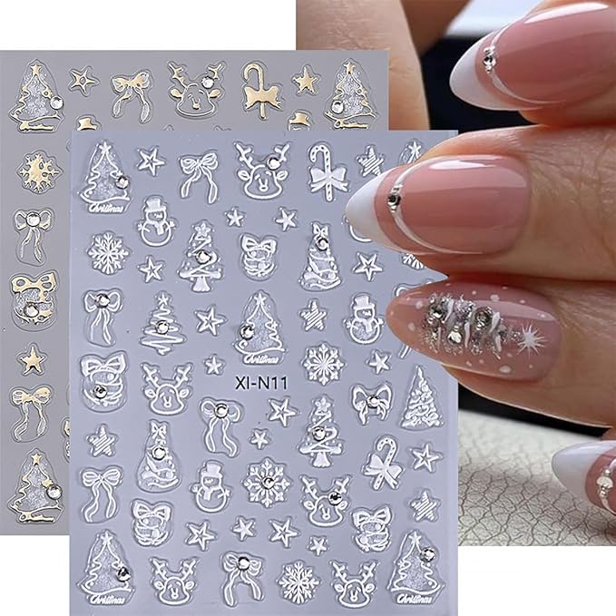 2 Sheets Christmas 5D Embossed Nail Art Stickers Gold Silver Xmas Trees Elk Star Snowman Decals with Glitter Rhinestones Design Winter Holiday Stickers for Women DIY Nails