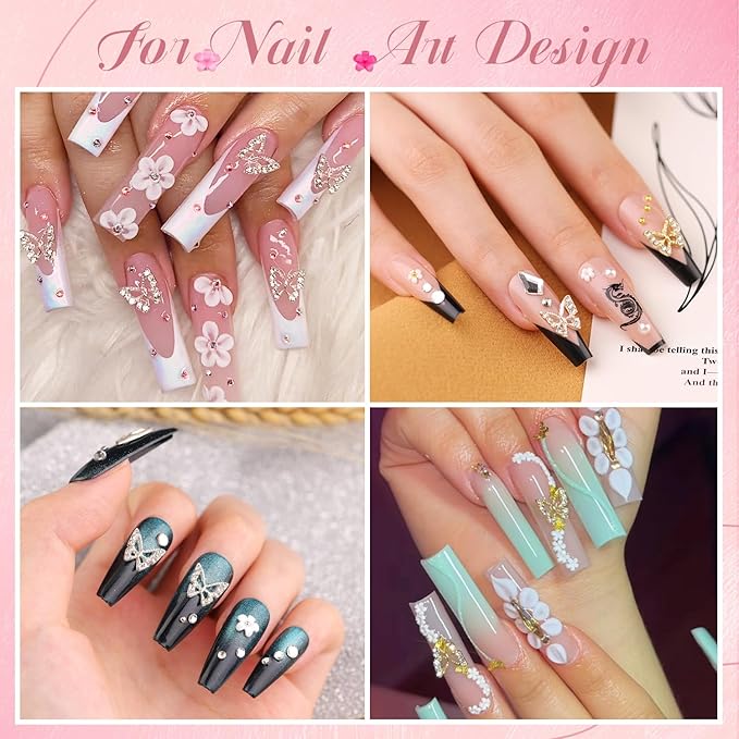 3D Nail Charms and Gems Set 12 with Rhinestone Glue, 10PCS Gold and Silver Chunky Butterfly Nail Charms, 3D Flowers for Nails, Flatback Crystals and Pearls + Picker Tool for Y2K Nail Decor