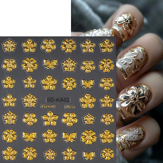 5D Gold Nail Stickers Embossed Bronzing Butterfly Flower Nails Decals Self Adhesive Retro Totem Floral Nails Design Sticker Fall Nail Art Stickers Decor for Women Acrylic Manicure Accessories 2Pcs