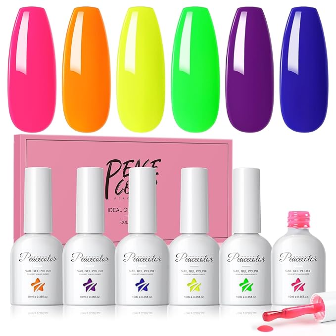 Peacecolor Neon Gel Nail Polish Set, 10ml Fall Gel Polish Bright Hot Pink Orange Yellow Purple Green Blue Vibrant Soak Off U v LED Gel Nail Art Manicure Gifts for Women DIY Salon