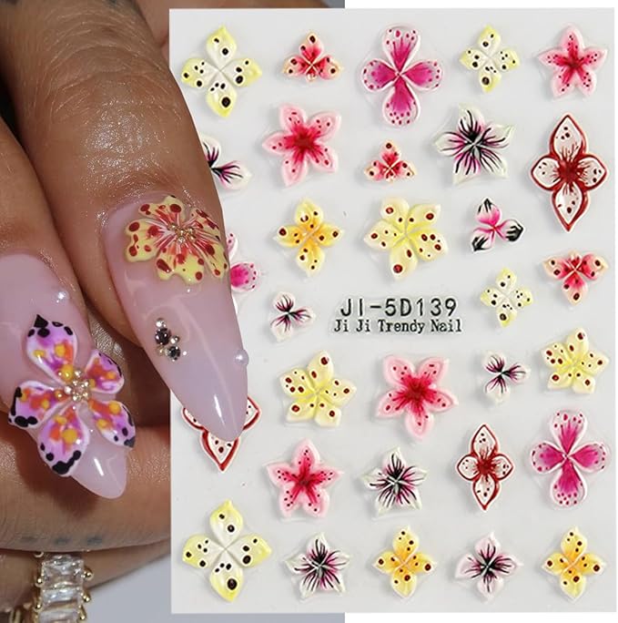 4 Sheets Flower Nail Stickers for Nail Art,5D Embossed Hibiscus Nail Decals Pink White Lily Hibiscus Tropical Floral Summer Spring Flower Nail Art Supplies for Women Girls Nail Decoration
