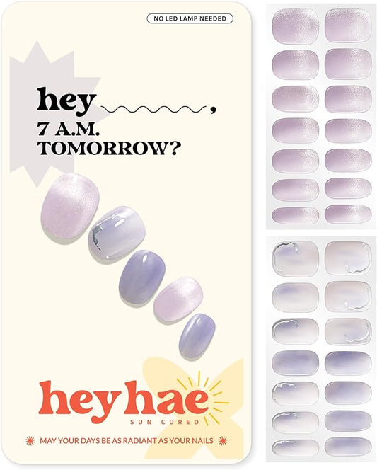 Heyhae Semi Cured Gel Nail Strips | No LED Lamp Needed | Glitter, Purple, Spring | Easy Apply & Remove, Salon Quality |Includes 28 Strips, 1 Prep Pads, Nail File & Wooden stick - Hey, 7 A.M. Tomorrow?