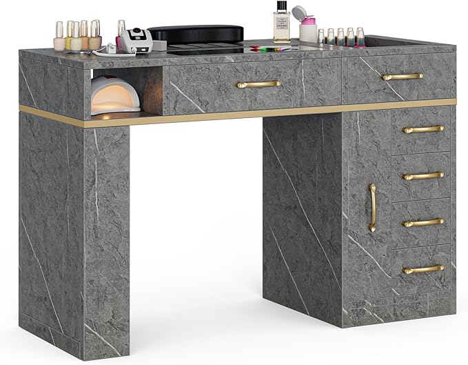 Nail Tech Table with Dust Collector, Glass Top Manicure Table Nail Desk Station w/7 Drawers & 3-Tiers Open Shelves, Nail Beauty Workstation w/Wrist Cushion & Golden Handles（Gray Marble Color）