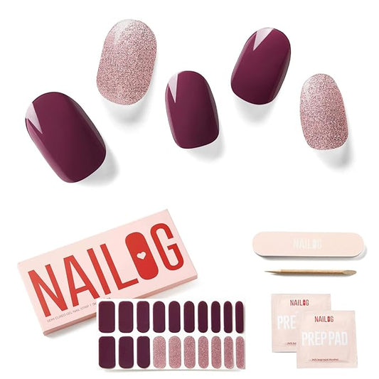 NAILOG Semi Cured Gel Nail Strips (20 Extra Long Stickers/Wraps) | Buy 2 Get 1 UV Lamp| Glossy & Long Lasting Soft Gel Finishing, Long Night
