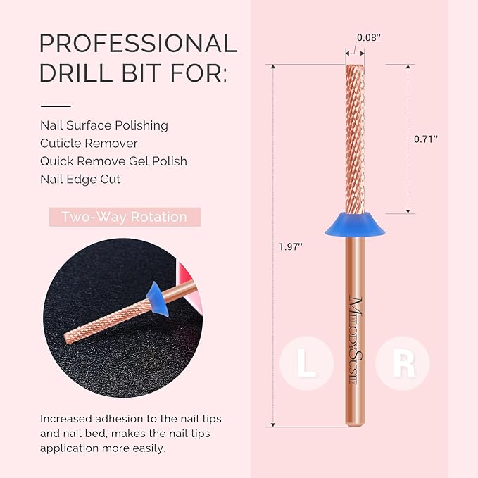 MelodySusie Super Long Mini Barrel Nail Buffer Bit, Professional Safety Carbide Nail Bit for Nail Bed File Cuticle Dead Skin Cleaning Nail Prepare, Two Way Rotate, Manicure Salon Supply, Rose Gold, M