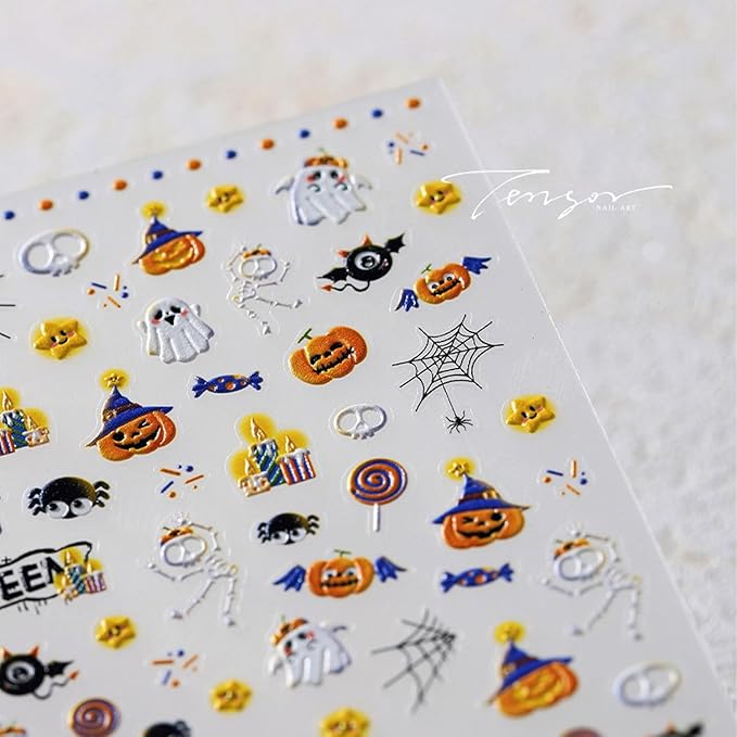 Halloween Nail Stickers Pumpkin Nail Decals Ghost Spider Design Manicure Art 5D Embossed Nails Decorations Holiday Self Adhesive Nails Supplies for Women