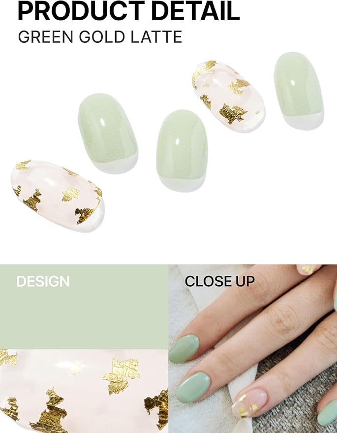 UUUUUU Semi Cured Gel Nail Strips | Salon-Quality | UV Free Gel Nail Wraps for Women | Easy Peel&Stick | Long-Lasting up to 14 Days | 28 Strips Set+File & Wipes | Gift-Ready (Green Gold Latte)