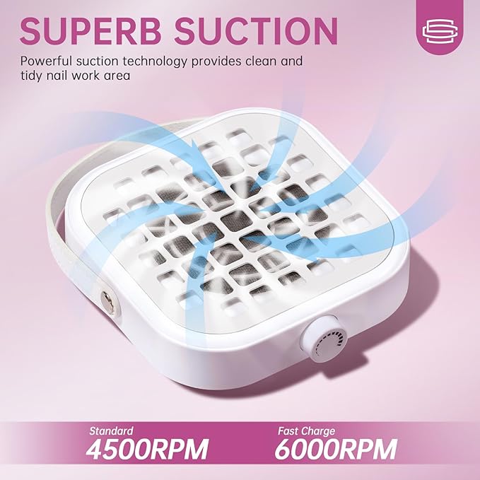 Nail Dust Collector, Compact 6000RPM Powerful Vacuum Fan Vent Dust Collector Extractor Dust Suction Machine for Acrylic Nails Polishing, White