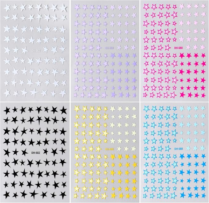 6Sheets Star Nail Art Stickers 3D Nail Decals with Shiny Colorful Five Pointed Star DIY Design Stars-Shaped Nail Adhesive Slider Accessory Manicure Decoration for Women Daily Wear