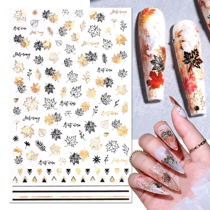 8 Sheets Fall Leaves Nail Art Stickers Gold Maple Leaf Self-Adhesive Nail Decals 3D Stickers Foil Autumn Maple Nail Designs Laser Shiny Manicure Tip Fall Nail Decorations for Thanksgiving Day Supplies