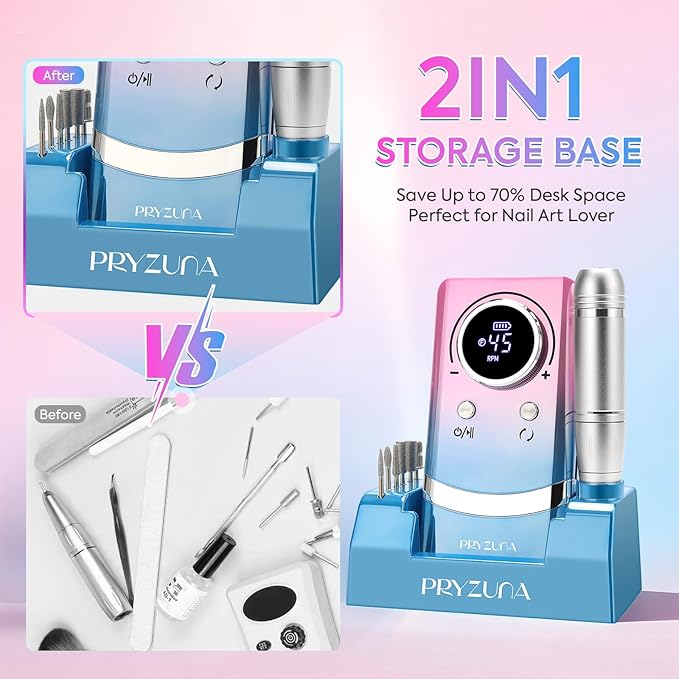Electric Nail Drill Professional 45000RPM, Portable Cordless Nail File for Acrylic & Gel Nails, Rechargeable E-File Machine with 7 Drill Bits, 56 Sanding Bands & Base, for Salon or DIY Home (Gradient)