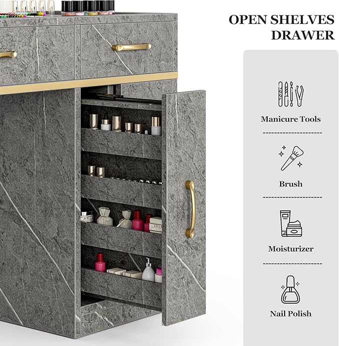 Nail Tech Table with Dust Collector, Glass Top Manicure Table Nail Desk Station w/7 Drawers & 3-Tiers Open Shelves, Nail Beauty Workstation w/Wrist Cushion & Golden Handles（Gray Marble Color）