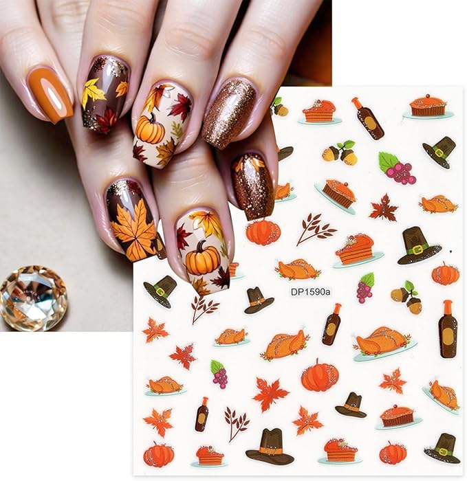6 Sheets Fall Nail Stickers Autumn Maple Leaf Nail Art Stickers for Nail Art Cute Pine Cones Pumpkin Turkey Designs 3D Self-Adhesive Thanksgiving Nail Decals for Women DIY Acrylic Manicure Decoration