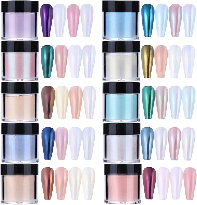 Pearl Chrome Nail Powder Kit 10 Boxes 10g Unicorn Mermaid Chrome Powder for Nails Art Decoration Iridescent Aurora Nail Glitter for Gel Polish DIY Summer Rubbing Dust for Home DIY Nail Salon Manicure