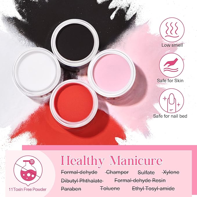 AZUREBEAUTY Dip Nails Powder Starter Kit, 4 Colors Pink Red Black Clear Dipping Powder System Liquid Set Recycling Tray with Base & Top Coat Activator Manicure Kit for Halloween Gift.