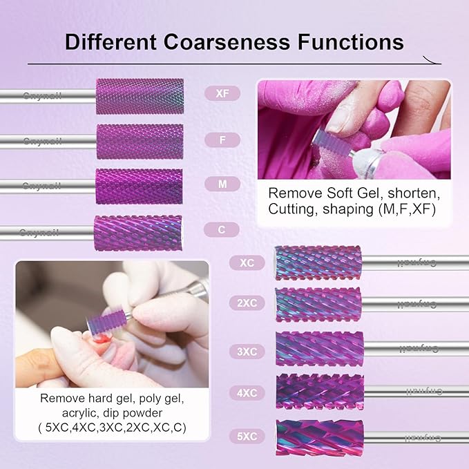 3/32" Small 5.35MM Barrel Bit Tungsten Carbide Nail Drill Bit Safety Bit for Gel & Acrylic Removal, Right Way Rotating Efile Tip, Salon Electric File Accessory (5XC Girt, Purple)