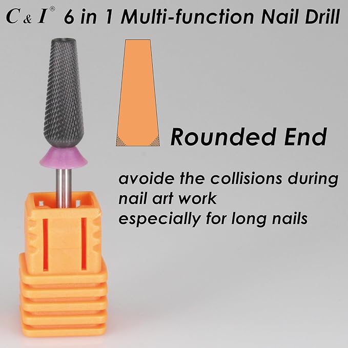 C & I Nail Drill Bit 6 in 1 Multi-function Rounded End E-file, Diamond Coat, CNC Overall Cut Nail Tools for Nail Techs Quick Remove Acrylic Nail Gels & Nail Art (Special Coat, Double Fine -XXF)