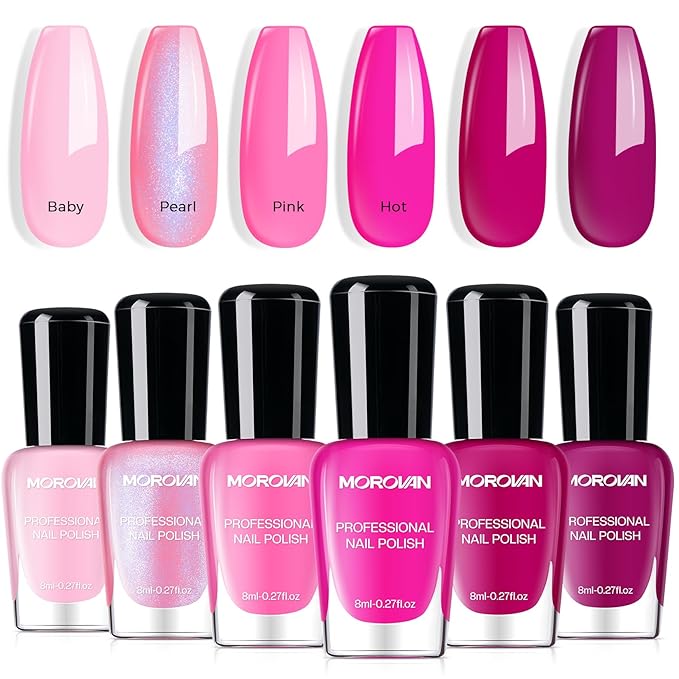 Morovan Pink Nail Polish Set: 6 Colors Neon Hot Pink Nail Polish Glitter Pearl Bright Iridescent Quick Dry Fuchsia Mini Pack Shimmer Manicurist Valentine's Day Gift for Women Girls