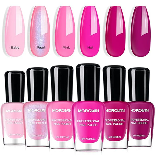 Morovan Pink Nail Polish Set: 6 Colors Neon Hot Pink Nail Polish Glitter Pearl Bright Iridescent Quick Dry Fuchsia Mini Pack Shimmer Manicurist Valentine's Day Gift for Women Girls