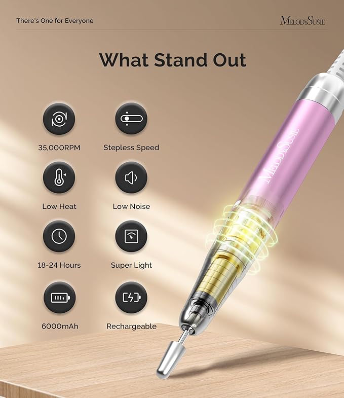 MelodySusie Waist-Mounted Professional Nail Drill MM400D, 35,000RPM Portable Electric Nail File, Low Noise & Low Heat Coreless Motor Machine with 8Pcs Nail Drill Bits Kit, for Manicure at Salon & Home