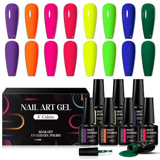 MEET ACROSS Neon Gel Nail Polish Set, 8 Colors Orange Yellow Green Blue Hot Pink Red Purple Spring Summer Nail Polish Kit Fluorescent Gel Polish Set for Home DIY Manicure Nail Salon