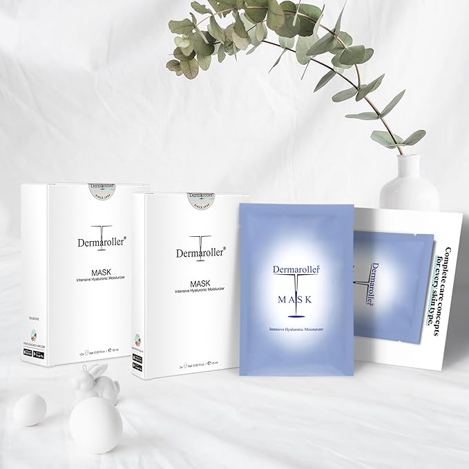 Dermaroller Hydrating Face Mask Sheets - 10 Pack with Hyaluronic Acid, Matrixyl & Vitamin E for Anti-Aging Skincare and Radiant Glow