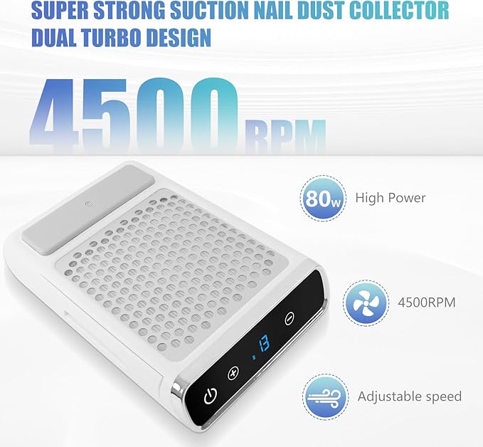 Nail Dust Collector Cordless for Acrylic Nail Art, 80W Nail Vacuum Dust Collector Quiet, 4500RPM Dust Collector Nail Tech, Nail Fan Dust Collector, Wind Speed Adjusted 1-45, Washable Filter