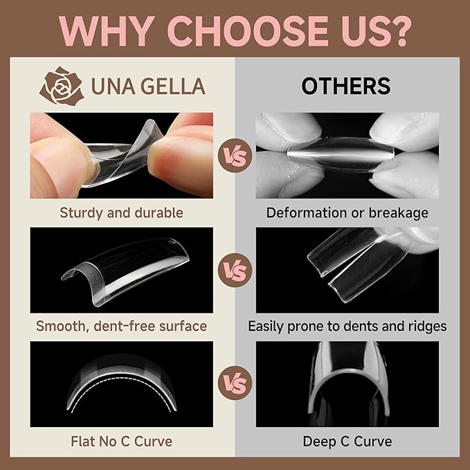 UNA GELLA Clear Gel Nail Tips Square No C Curve 504pcs French Style Square Acrylic Nail Tips Pre-inner Half Cover Faster Gel Nail Extension Home DIY French Press On Nails 12 Sizes