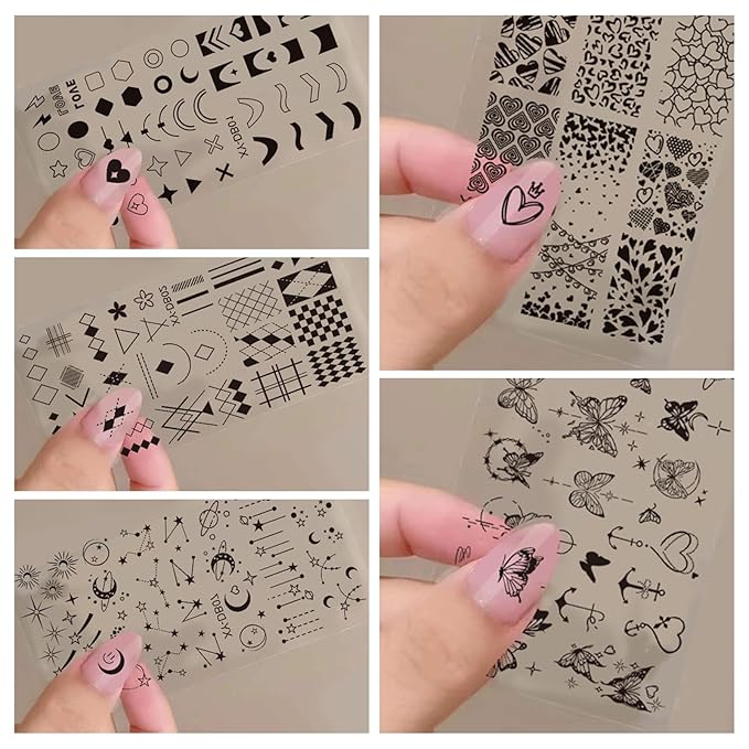 AddFavor Nail Stamping Plate Kit with Nail Stamp and Scraper, 5pcs Star Butterfly Geometric Nail Stamper Kit for Home Salon Manicure Polish Print Stencils Design Tools