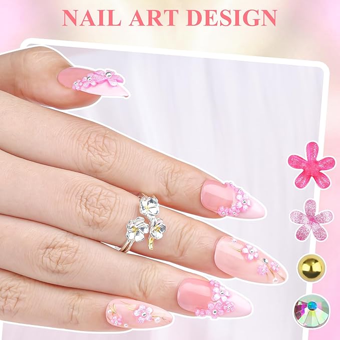 4 Boxes 3D Flower Nail Charms and Gems - Rose Nail Flower Charms Crystal AB Clear Gemstones Silver/Gold Caviar Beads White/AB Pearls for Women DIY Manicure Crafts (19-S4-Rose)