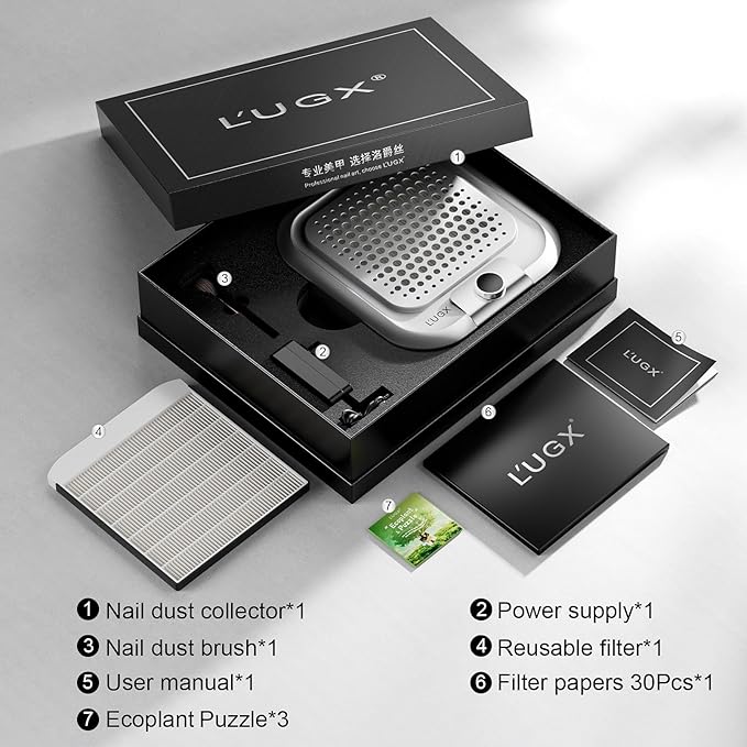 L'UGX Nail Dust Collector Professional for Nails with 30 Paper Filters,10-Gear Powerful Dust Collector for Nails Vacuum Duster Collector Nail Tech Extractor Cleaner for Salon Use