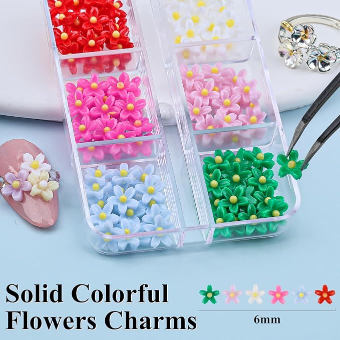 4 Boxes 3D Flower Nail Charms and Gems - Colorful Nail Flower Charms Crystal AB Clear Gemstones Silver/Gold Caviar Beads White/AB Pearls for Women DIY Manicure Crafts (22-S4-Colorful2)