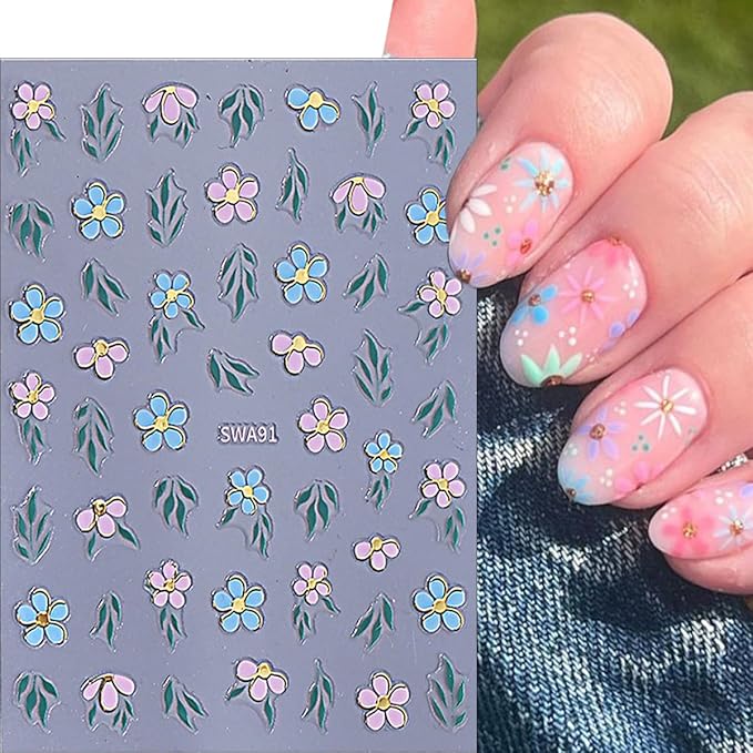 6Sheets Flower Nail Stickers for Nails Spring Floral Nail Decals Purple Pink Flowers Leaves Design Cute Nail Art Stickers Small Daisy Nails Supplies DIY Manicure Decoration Accessories for Girls