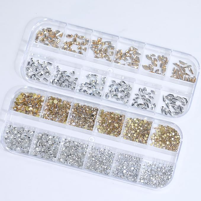 HNUIX Nail Rhinestones for nails - 3D Multi Shapes, Flat Back, Small Nail Gems, Crystal & Champagne Gold Nail Diamonds, with Kit, for Nail Art, DIY Decor