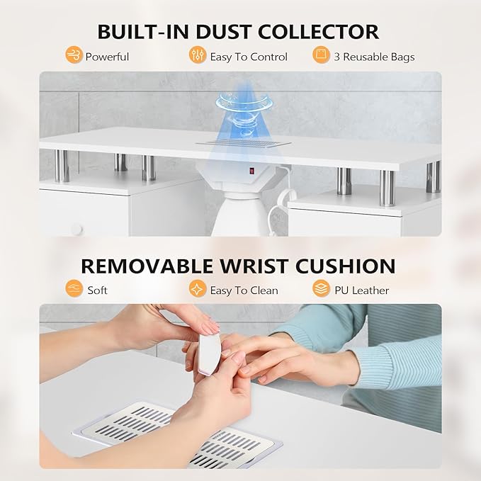 OmySalon Nail Desk and Chair Set, with Stool, Dust Collector, Arm Rest & Wheels, Acetone Resistant Desktop, Manicure Table Nail Table Station for Nail Tech w/Drawers Storage (White)