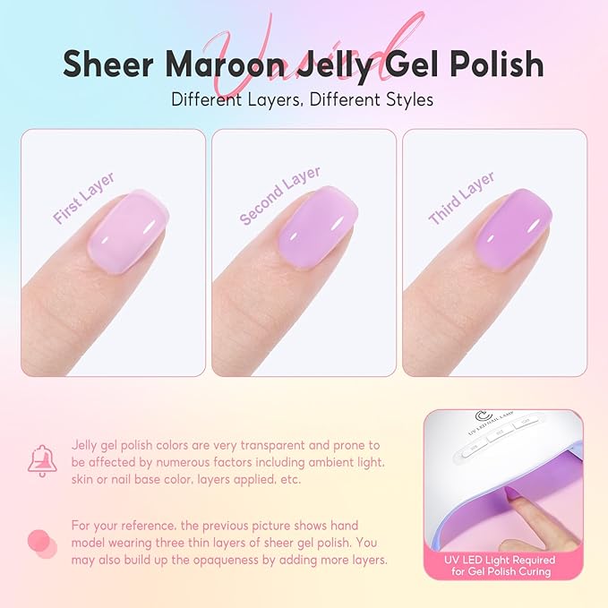 Peacecolor 10ML Jelly Nail Polish Gel Set, 6 Transparent Colors Pink Blue Green Purple Yellow Gels Polish for Salon Sheer Gel Manicure Set Nail Art DIY at Home