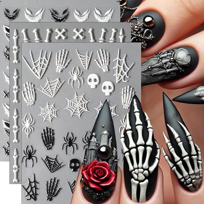 5D Halloween Nail Stickers Embossed Skeleton Spider Web Nail Decals Spooky DIY Self Adhesive Cobweb Nail Design Halloween Nail Decoration Supplies Holiday Manicure Accessories for Women Girls 3Pcs