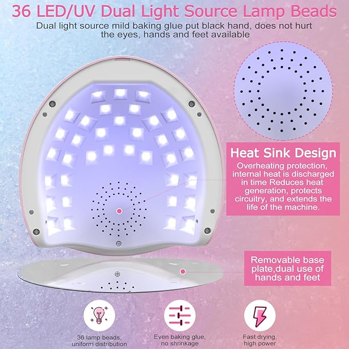 NAILGIRLS UV Nail Lamp 150W for Gel Polish, Professional Fast Curing UV Light for Gel Nails with 36pcs Lamp Beads, 4 Times with LCD Display Auto Sensor, Gift for Women Girl, Pink