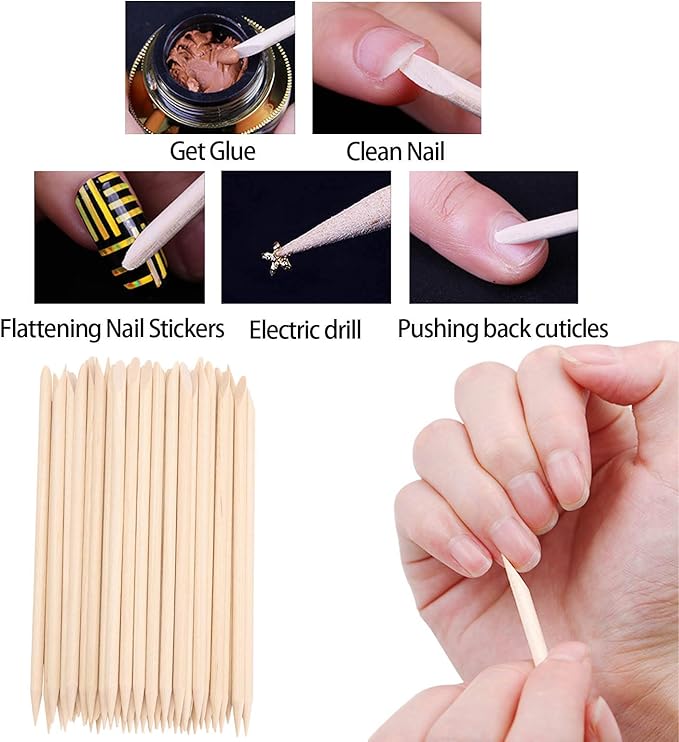 100 Pcs Orange Sticks for Nails Double Sided Multi Functional Wooden Cuticle Pusher Stick, 6 Pcs 100/180 Grit Nail Files and 6 Pcs Buffer Block